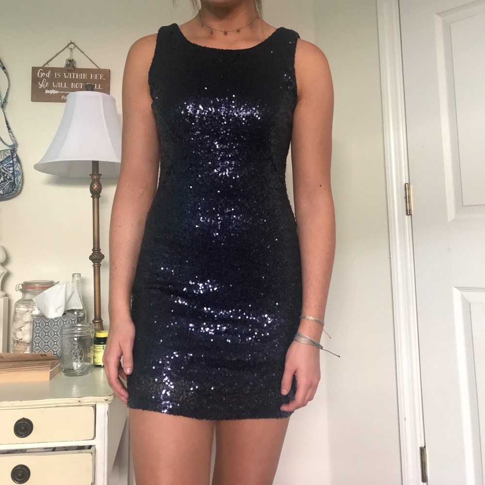 Navy blue sparkly homecoming dress